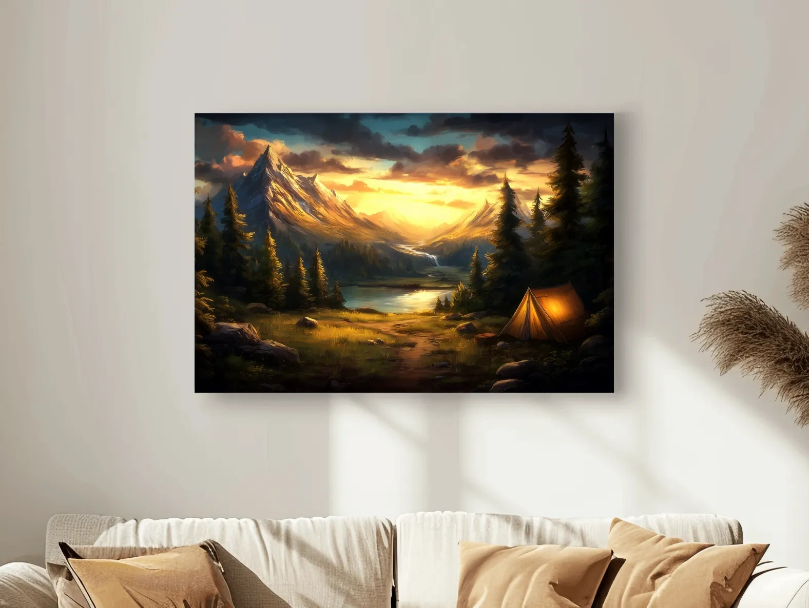 Golden Sunset Alpine Camping Scene Impressionist Painting - Scenic Mountain Wall Art