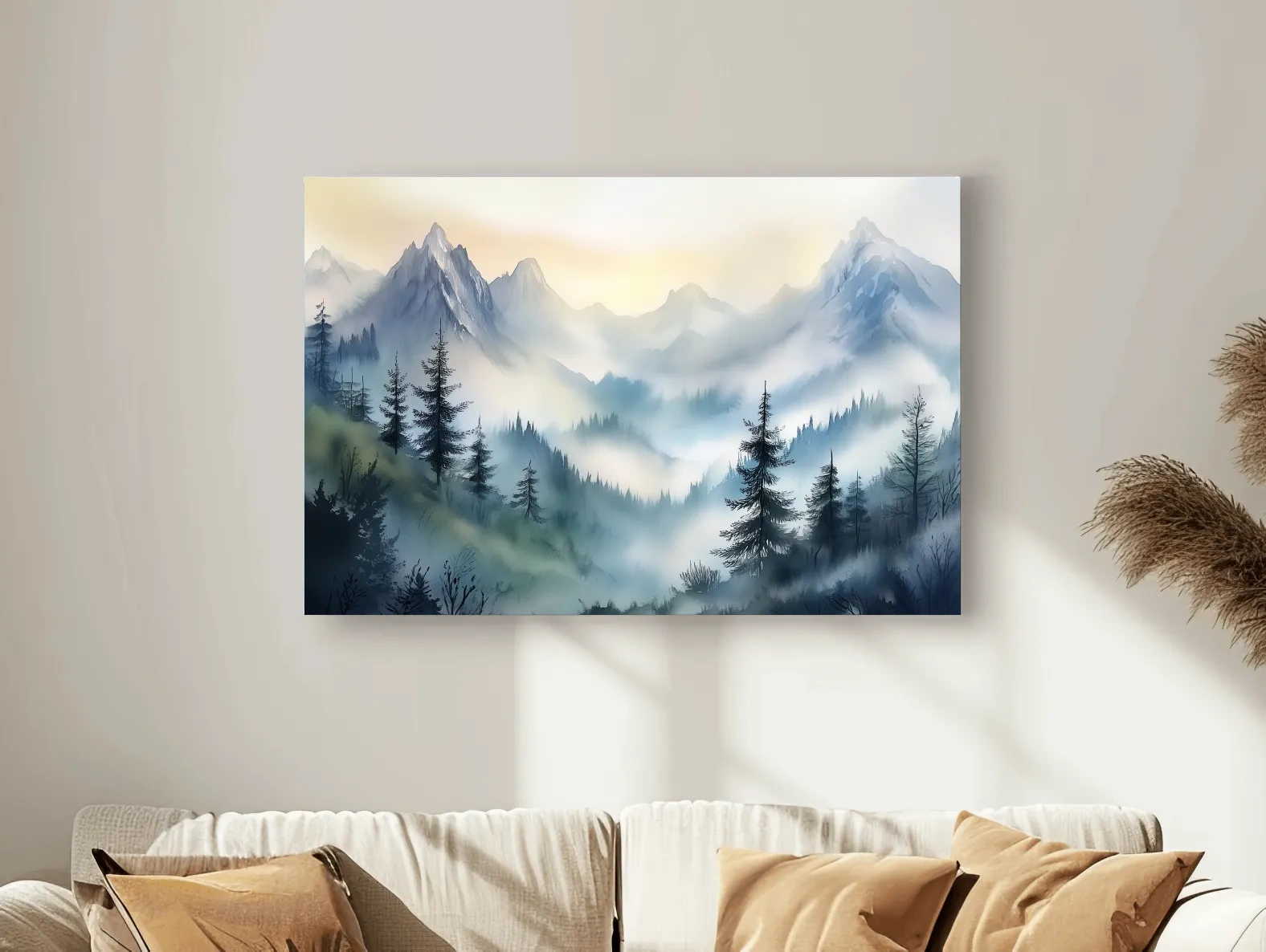 Chinese Ink Wash Watercolor Mountain Peaks - Foggy Alpine Wall Art