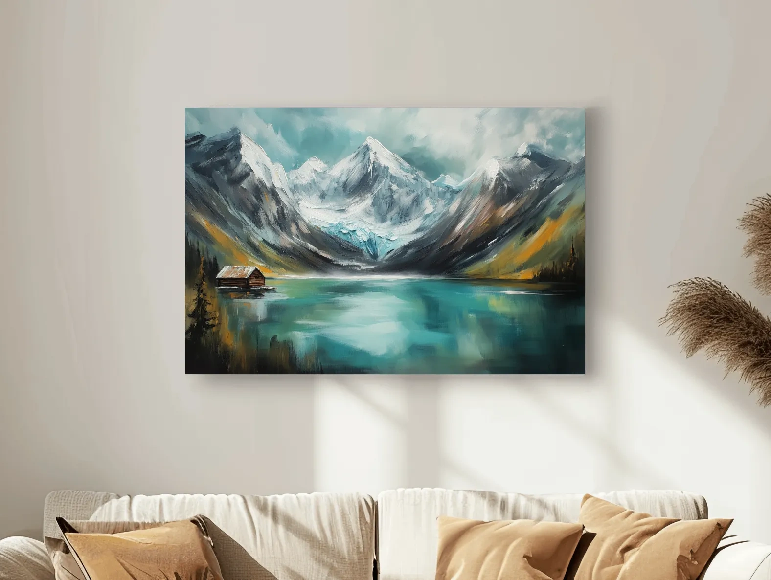 Turquoise Alpine Lake Cabin Painting - Snowy Mountain Landscape Wall Art