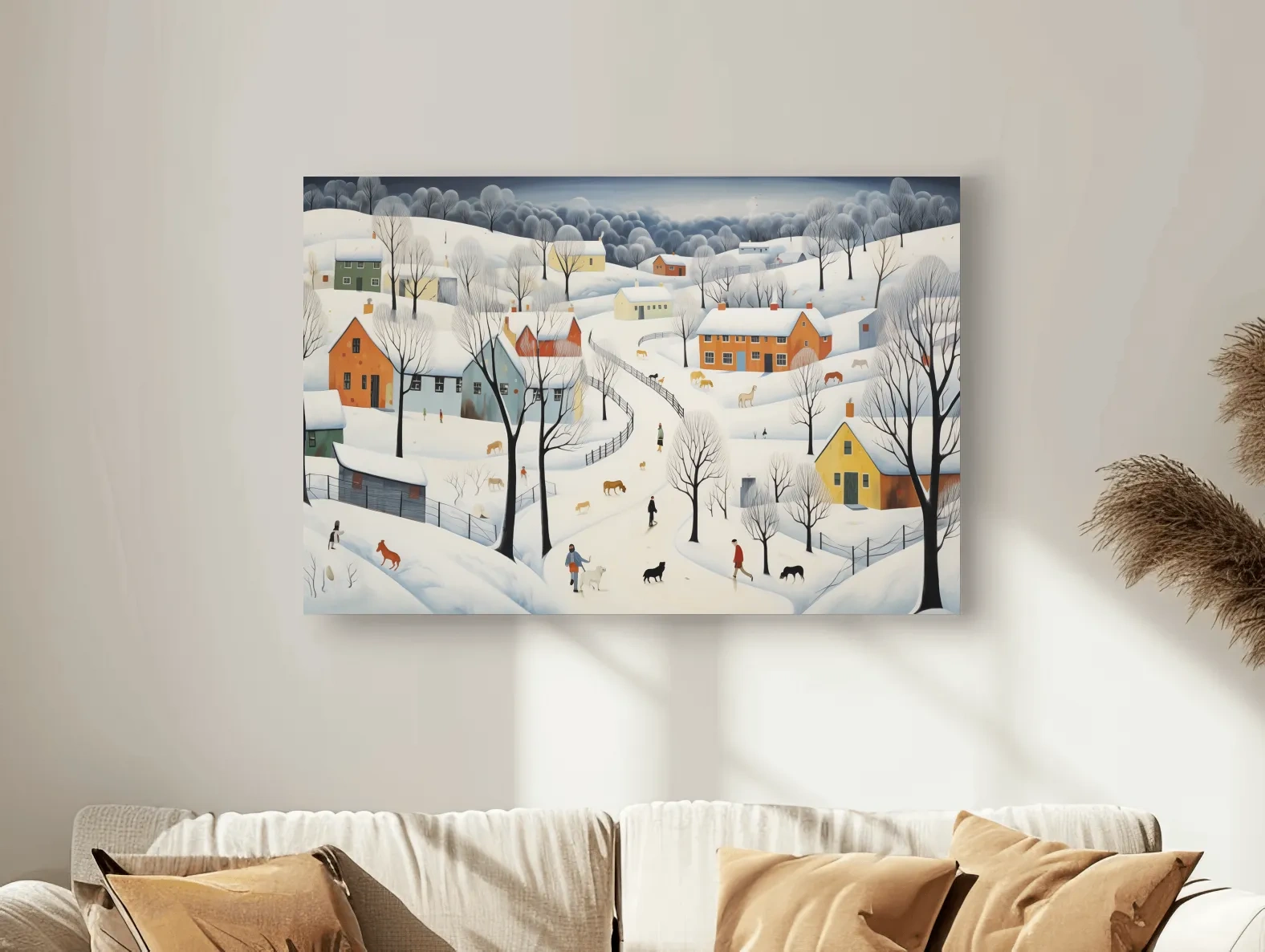 Whimsical Snowy Village Winter Landscape Painting - Folk Art Countryside Wall Art