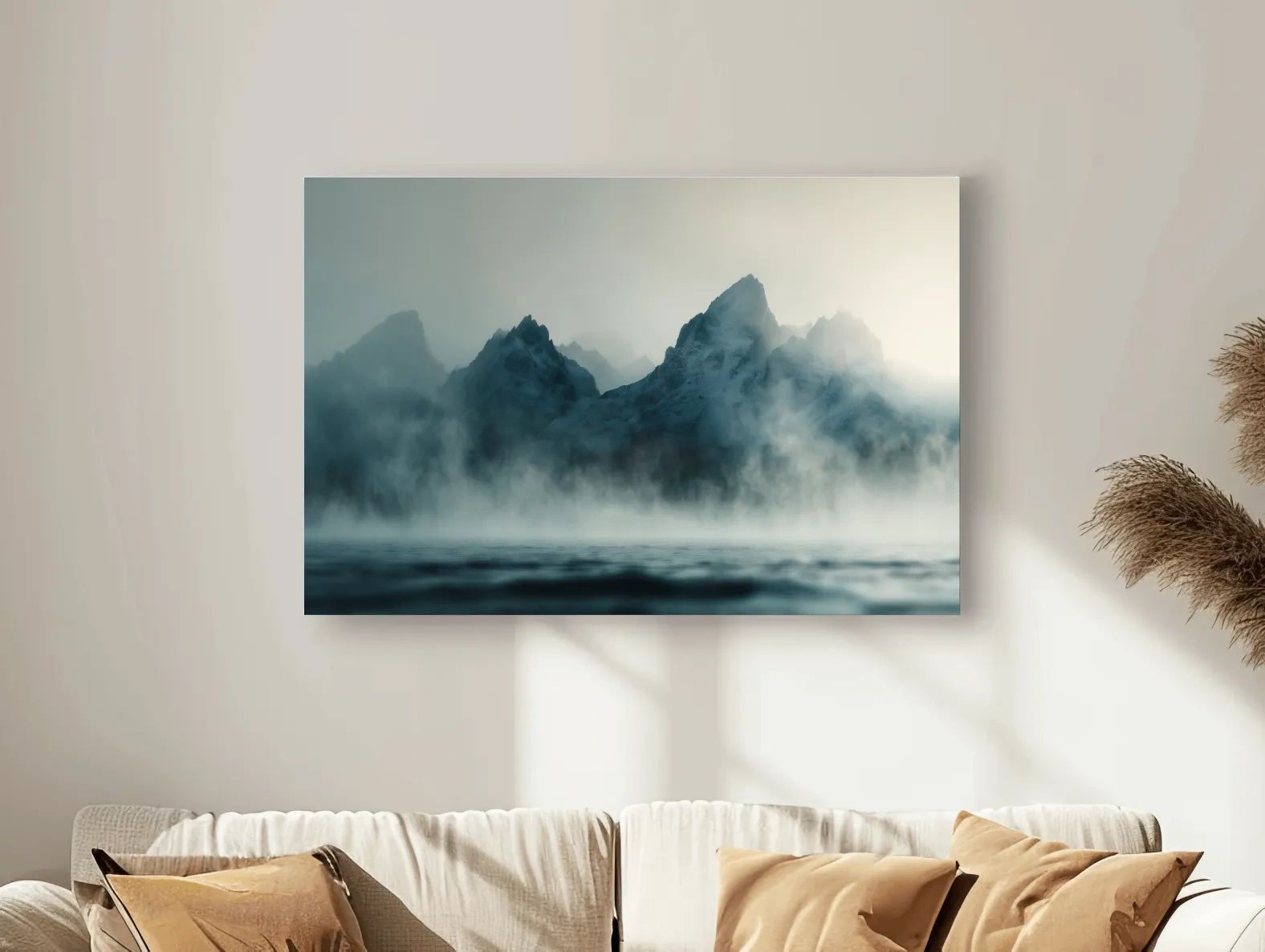 Moody Misty Mountain Peaks Over Water - Atmospheric Monochrome Landscape Wall Art
