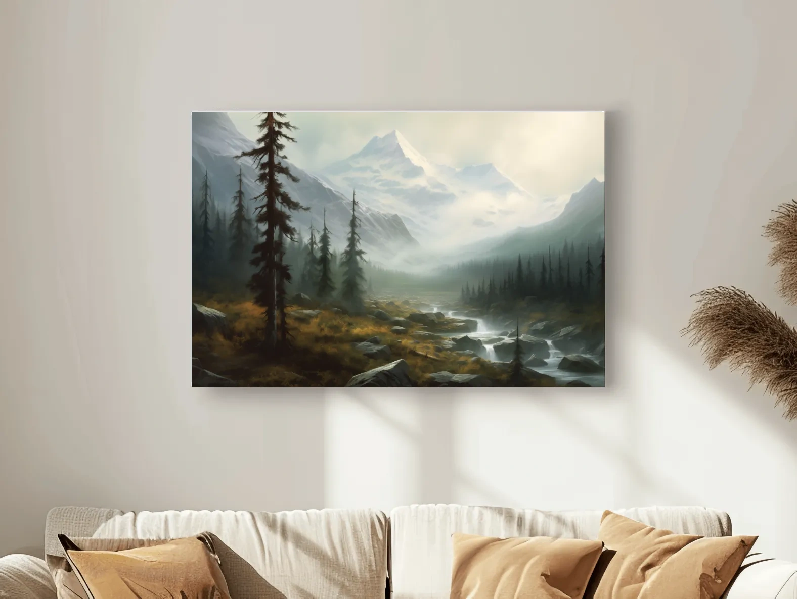 Misty Alpine Mountain Valley Painting - Foggy Evergreen Forest Wall Art
