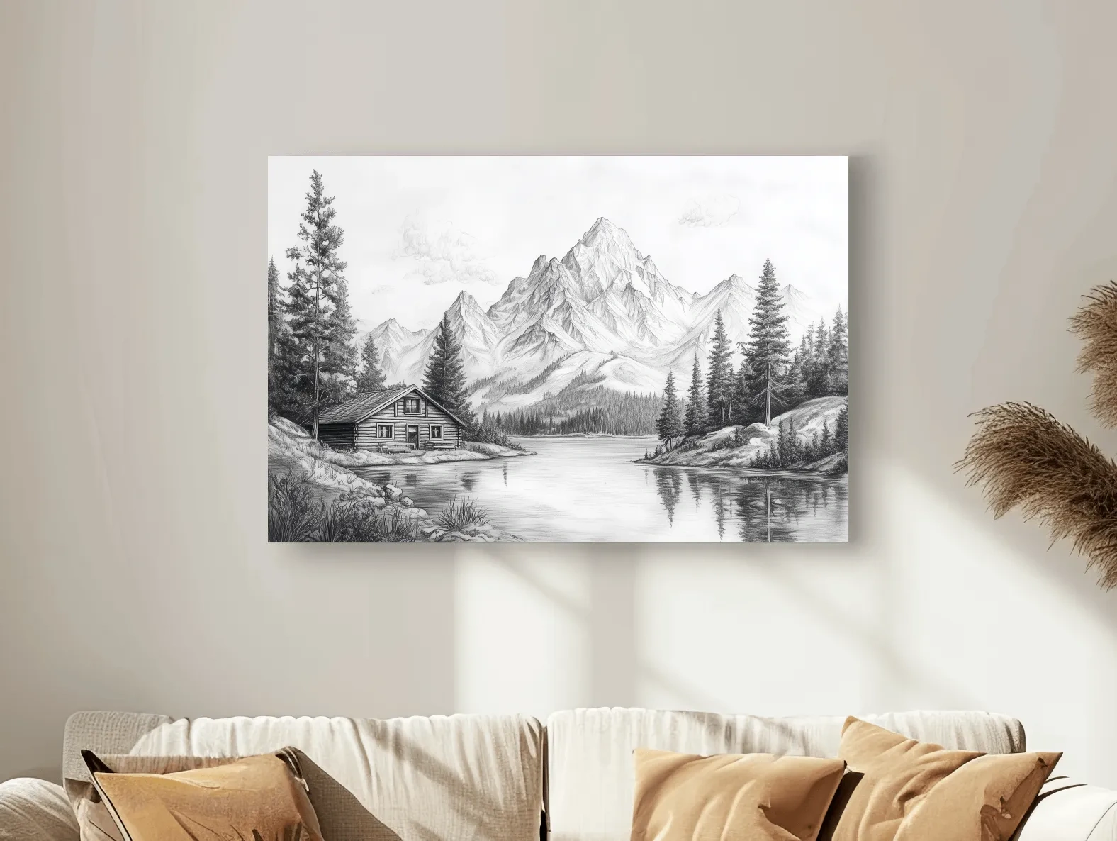 Vintage Pencil Sketch Alpine Lake Cabin - Black And White Mountain Landscape Wall Art