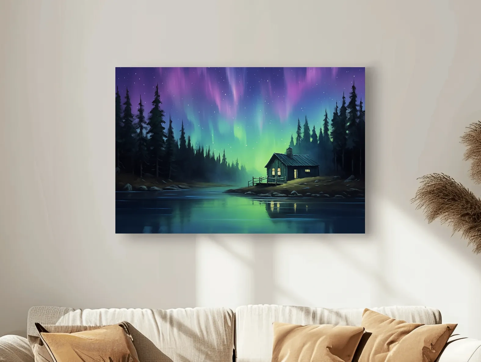 Northern Lights Over Lakeside Cabin Painting - Aurora Borealis Night Wall Art