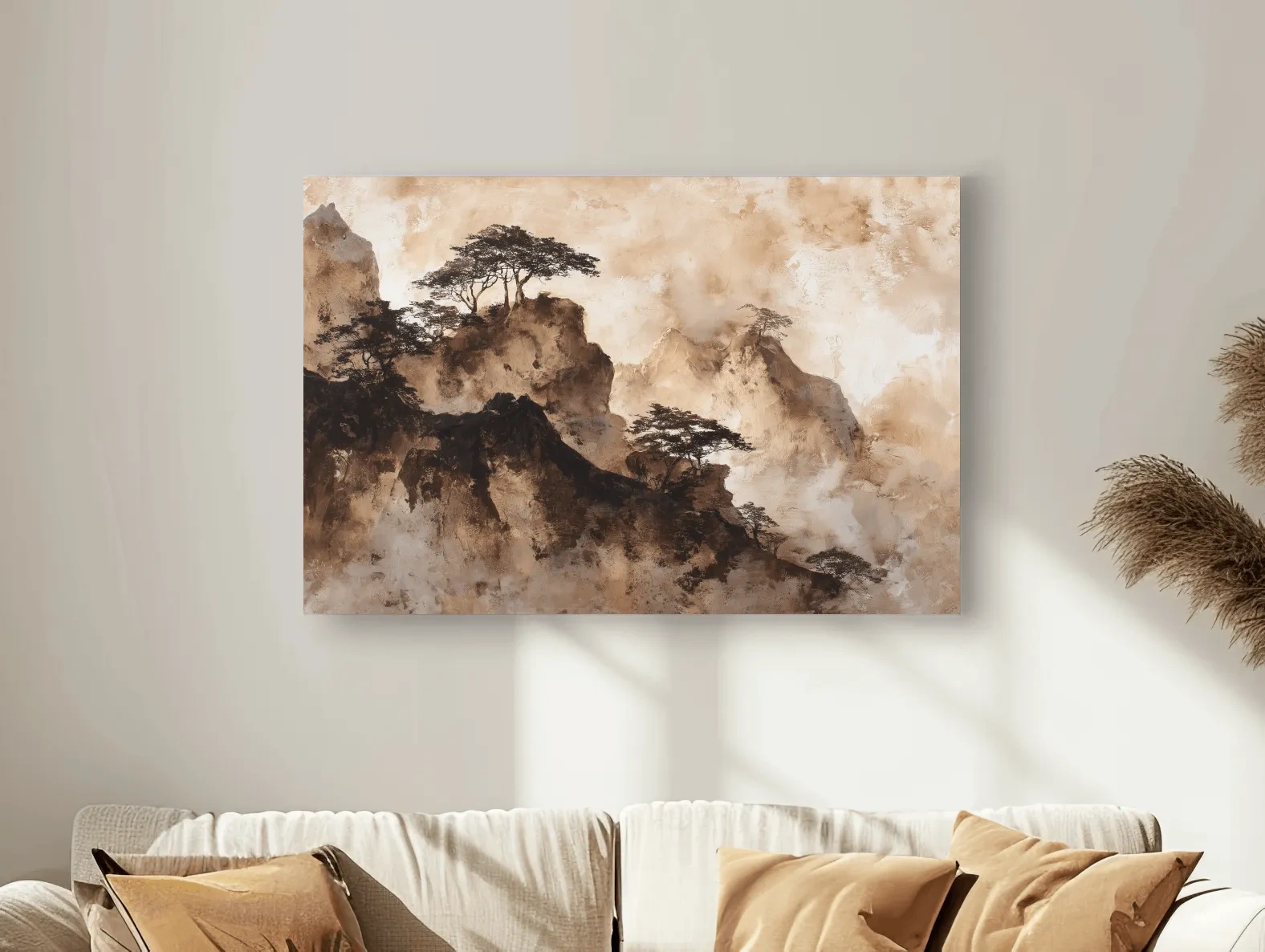 Sepia Japandi Mountain Ridge Painting - Atmospheric Ink Wash Art