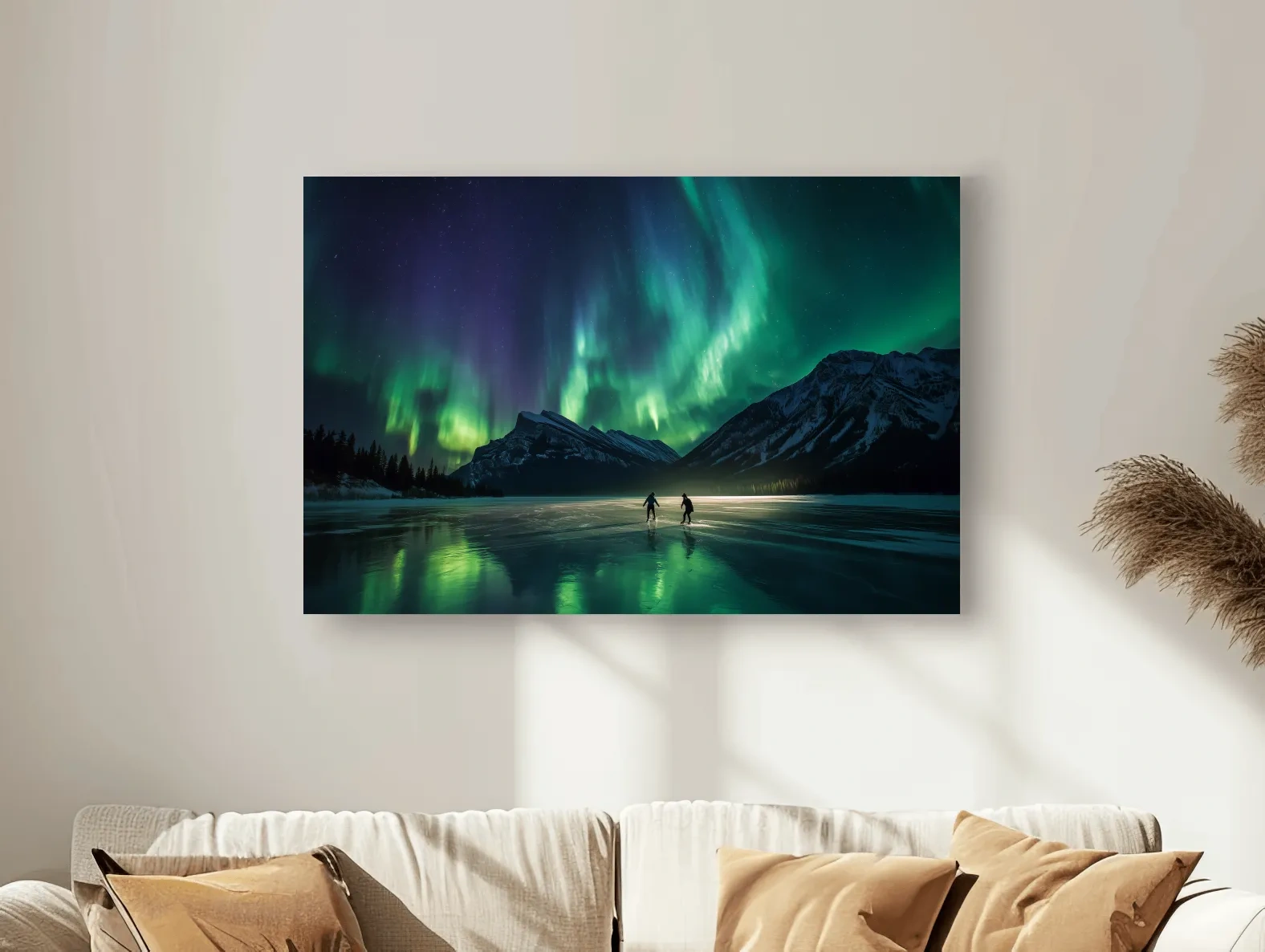 Ice Skaters Under Vibrant Northern Lights - Aurora Borealis Photographic Wall Art