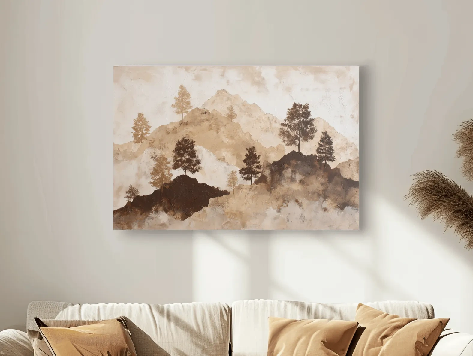 Wabi-Sabi Mountain Tree Silhouettes Painting - Minimalist Landscape Wall Art