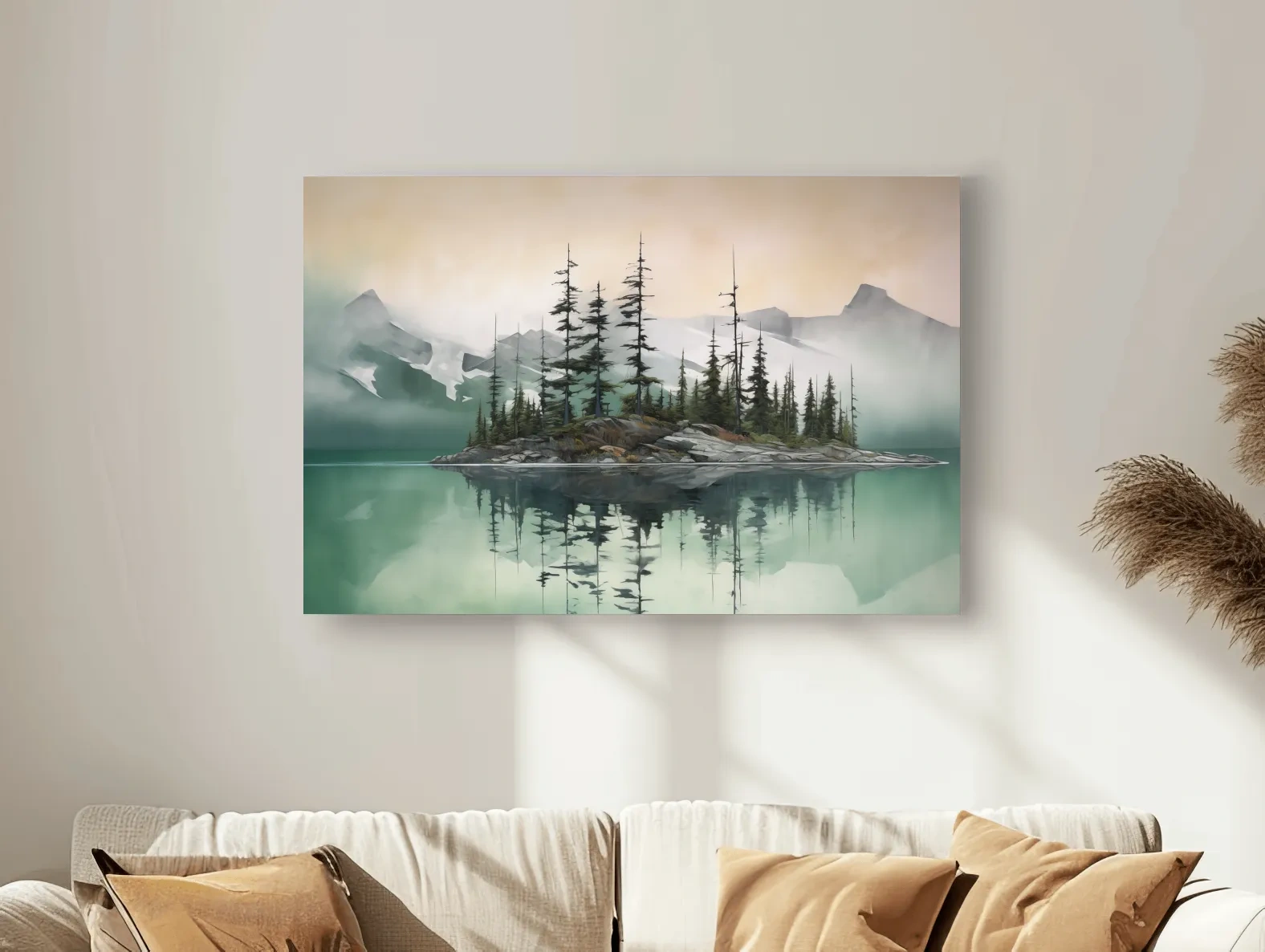Misty Turquoise Alpine Lake Reflection - Serene Watercolor Mountain Landscape Wall Art
