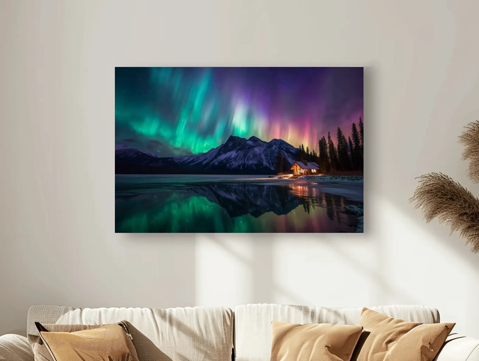 Vibrant Northern Lights Over Mountain Lake Cabin - Aurora Borealis Landscape Wall Art