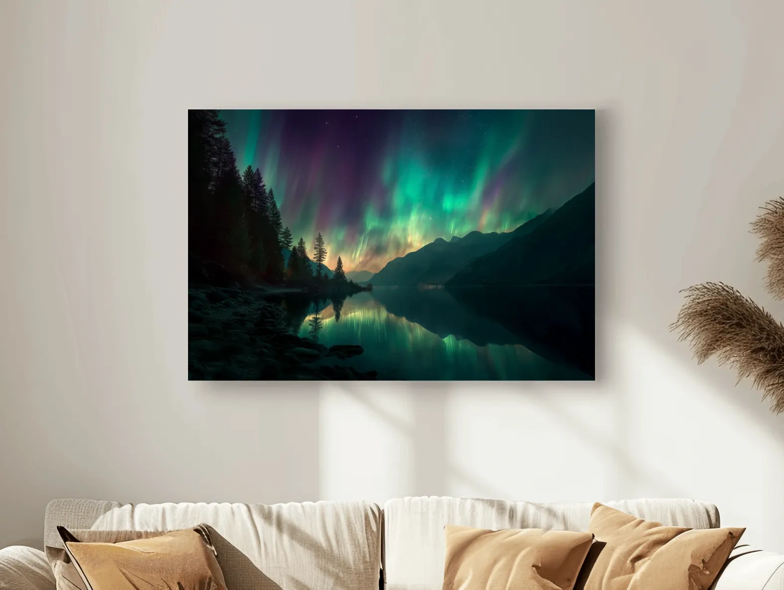 Vibrant Northern Lights Lake Reflection - Aurora Borealis Mountain Wall Art