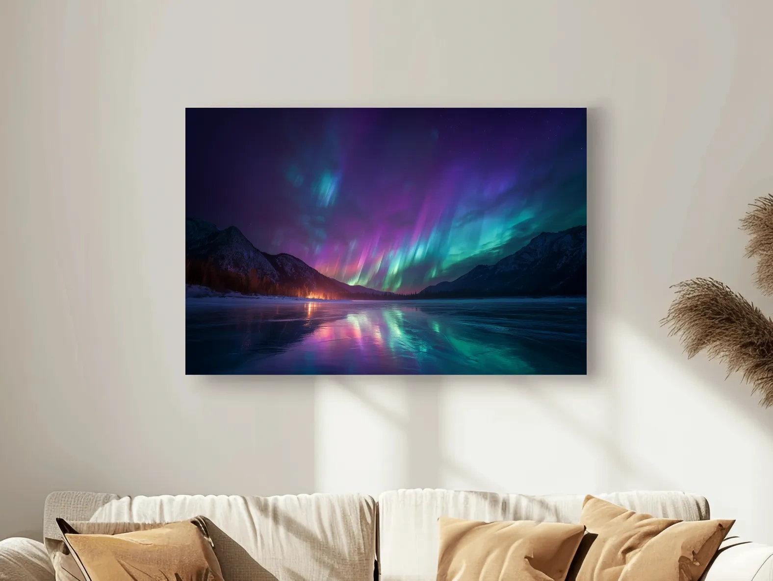 Vibrant Aurora Borealis Over Frozen Lake - Northern Lights Mountain Wall Art