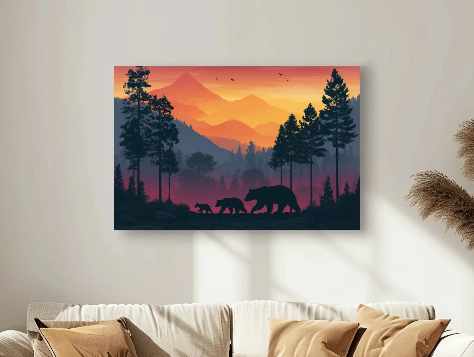 Sunset Momma Bear & Cubs Silhouette - Forest Wildlife Wall Art