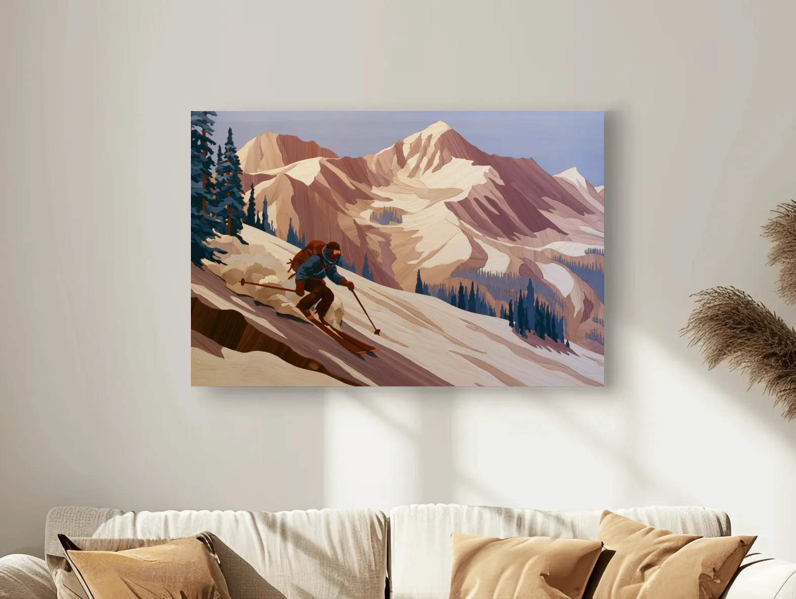 Backcountry Skier Descending Snowy Alpine Peaks - Modern Outdoor Adventure Wall Art