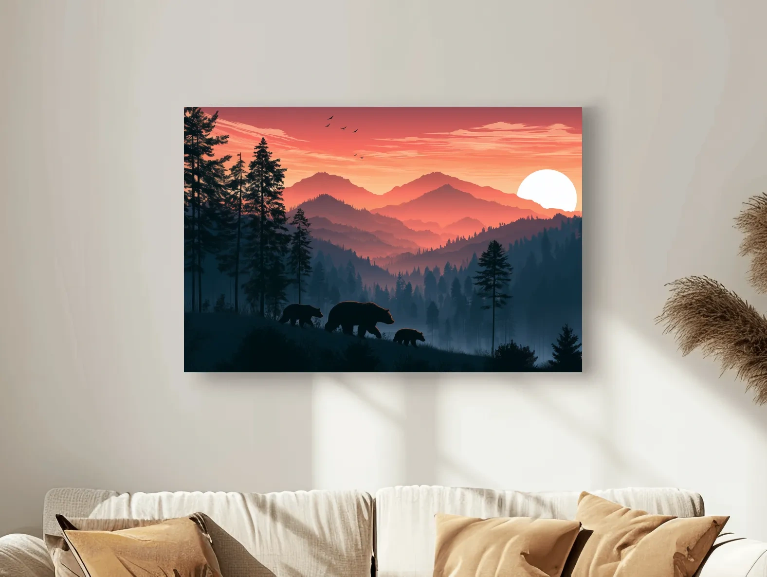 Bear Family Silhouette Mountain Sunset - Wildlife Landscape Wall Art