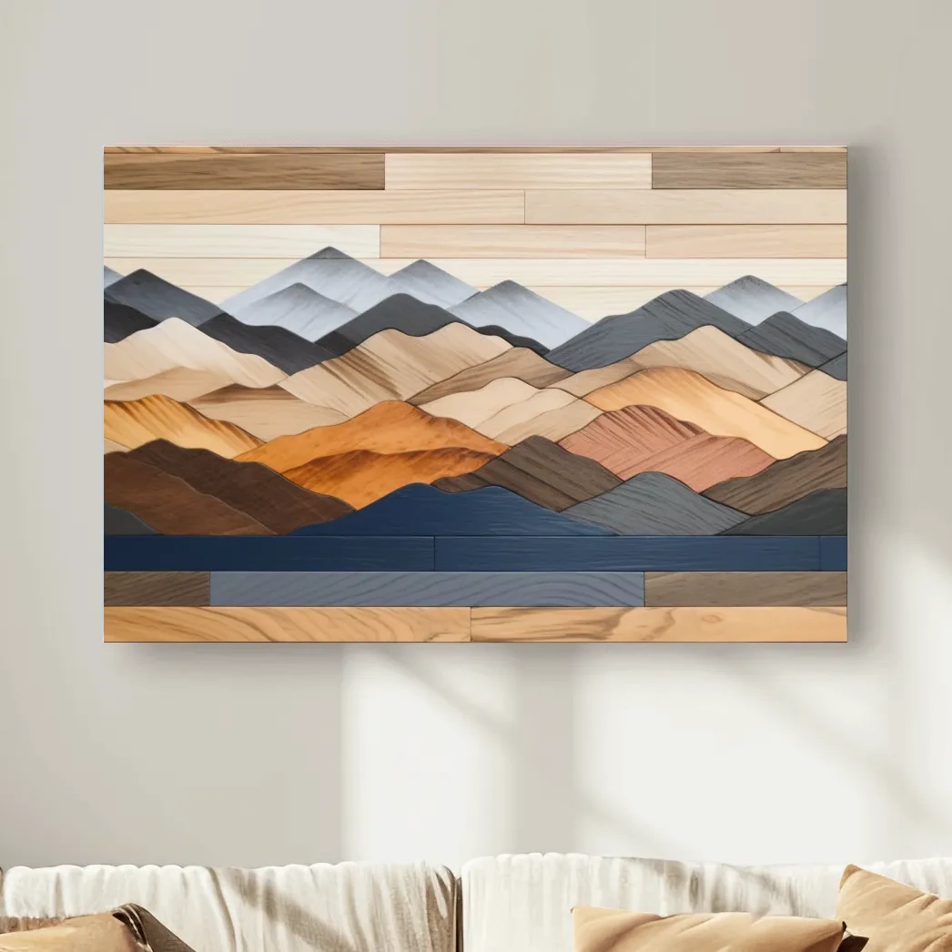 Rustic mountain wall art, layered wood piece effect