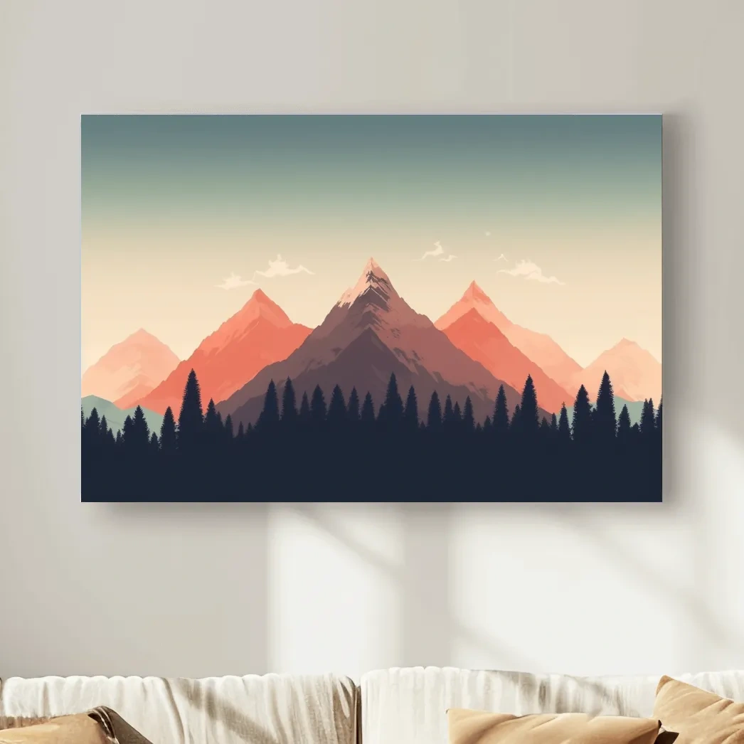 Minimalist Alpine Mountain Sunrise Artwork - Modern Scandinavian Forest Wall Art