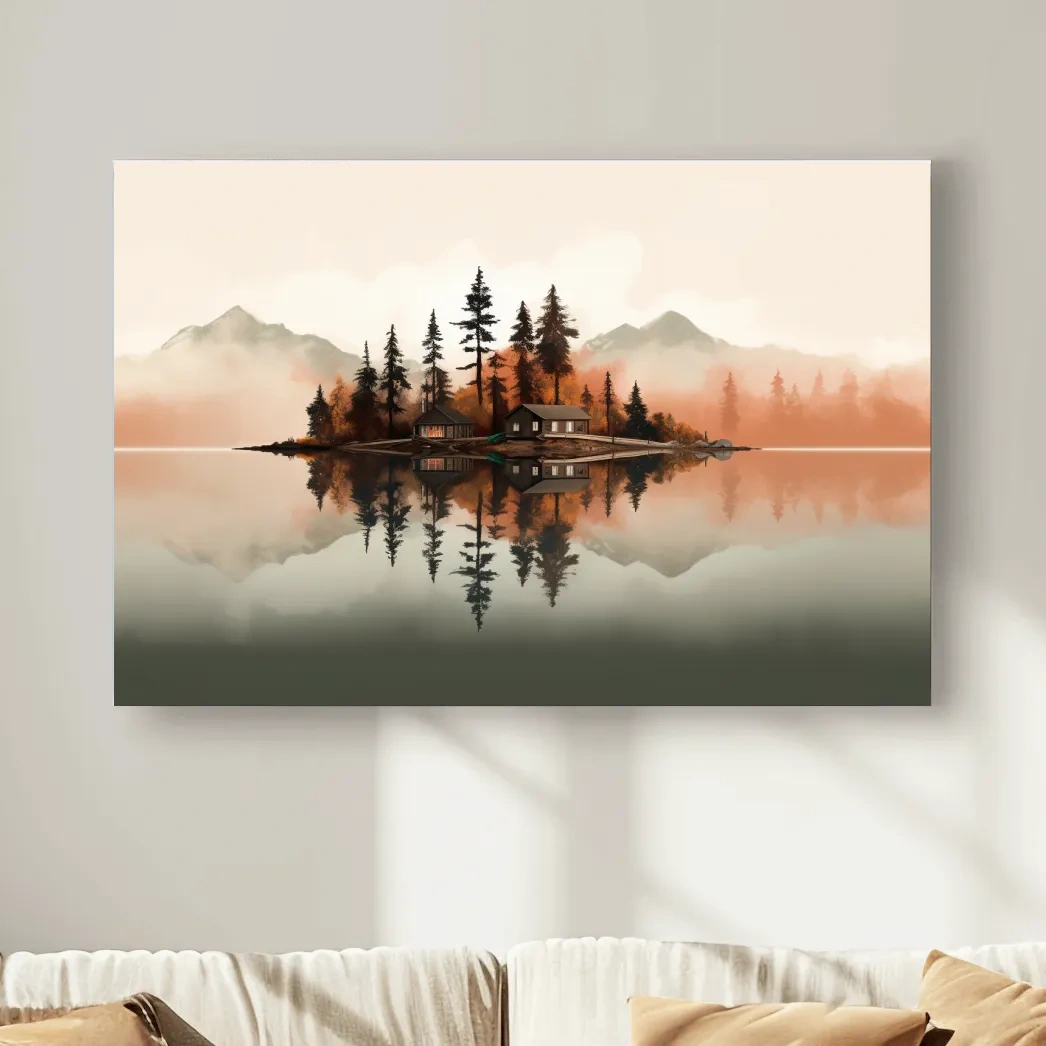 Minimalist art, lakeside cabin amongst the trees