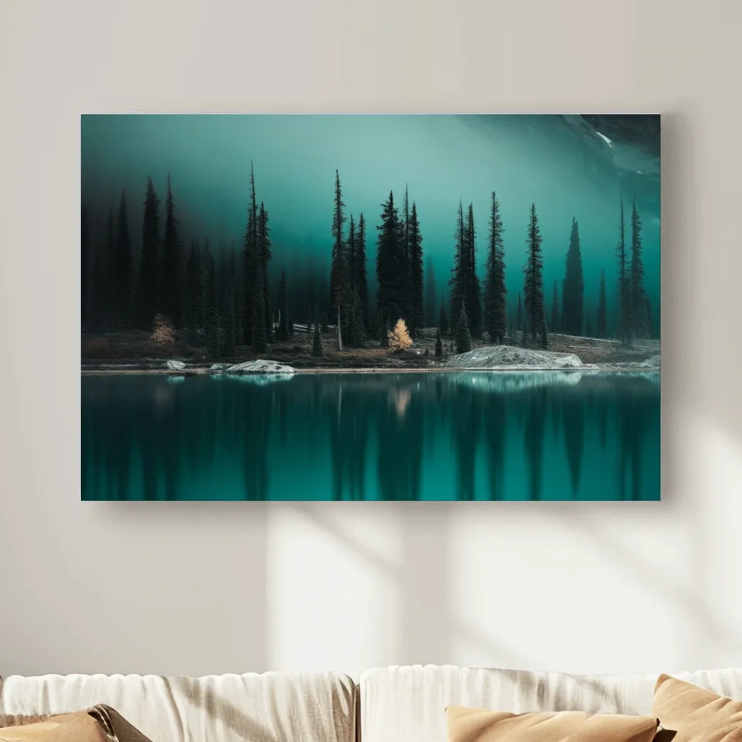 Misty Pine Forest Turquoise Alpine Lake - Serene Mountain Landscape Wall Art