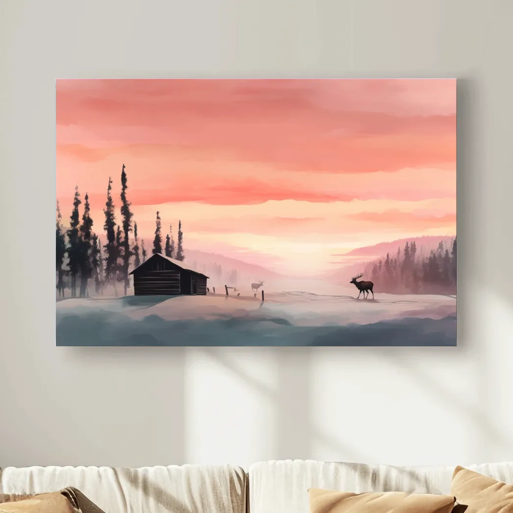 Sunset mountain scene, deer in the snow