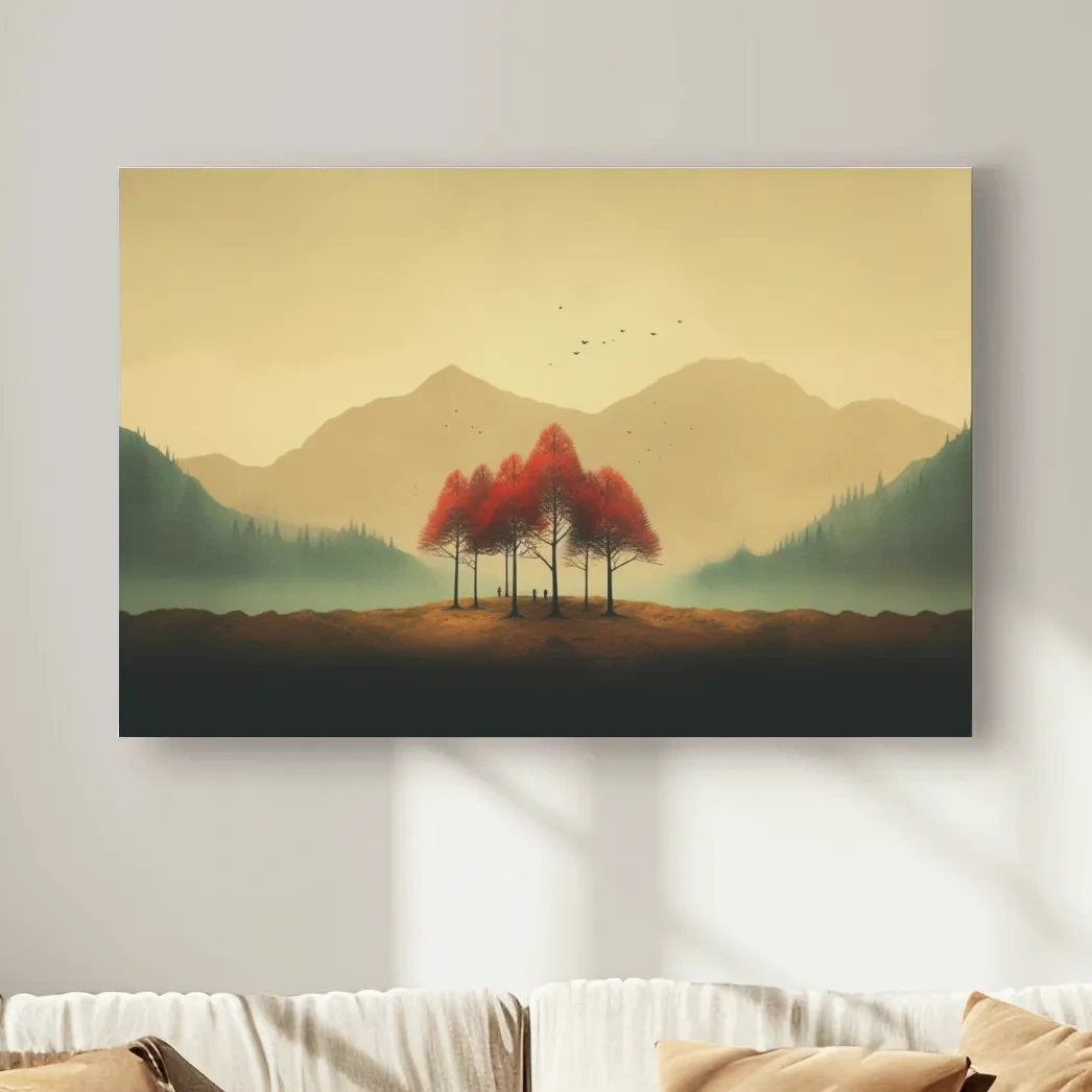 Landscape mountain artwork, minimal painting of autumn trees in the fog