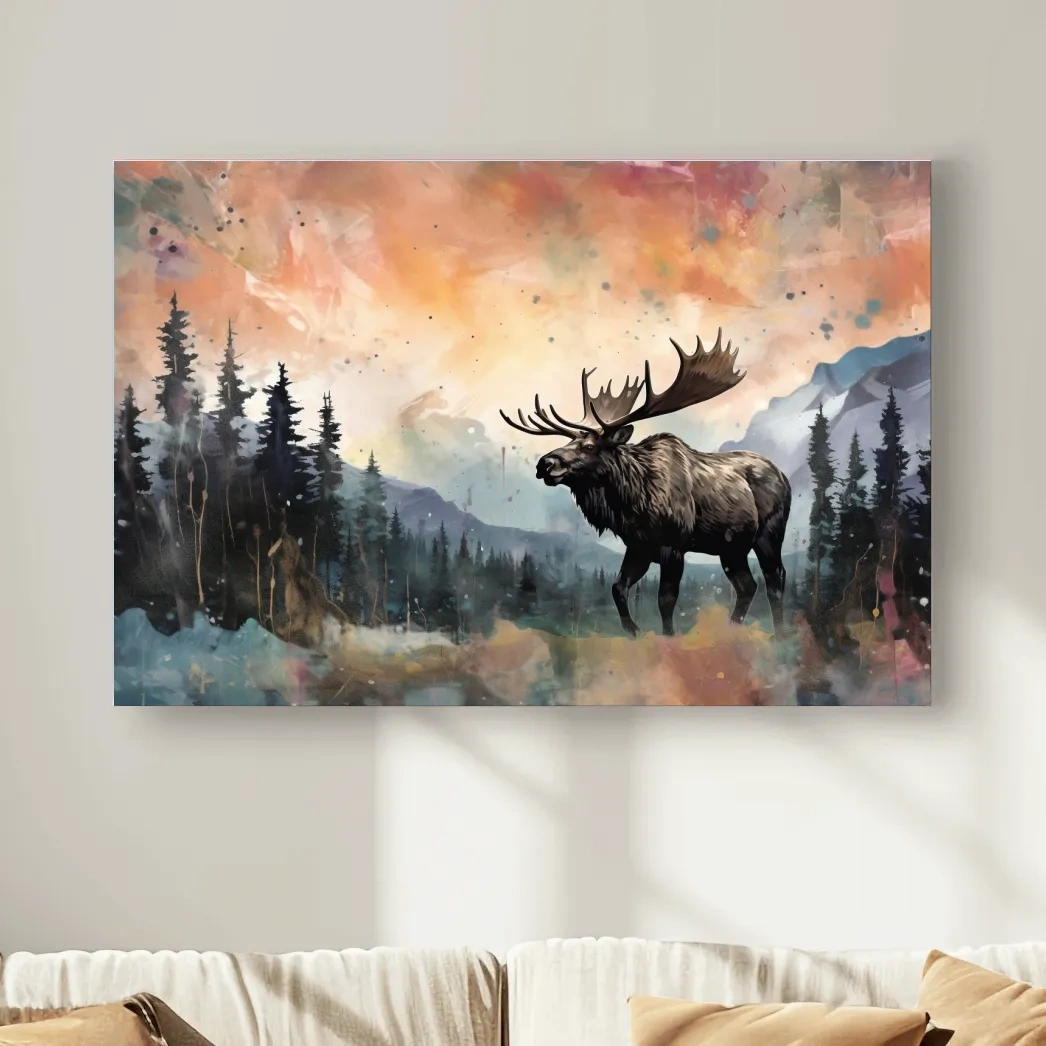 Abstract splattered painting of a moose in mountain scenery