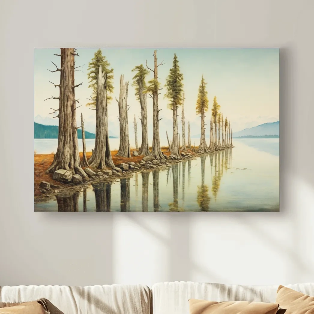 Serene Lakeside Pine Forest Reflections - Watercolor Landscape Wall Art
