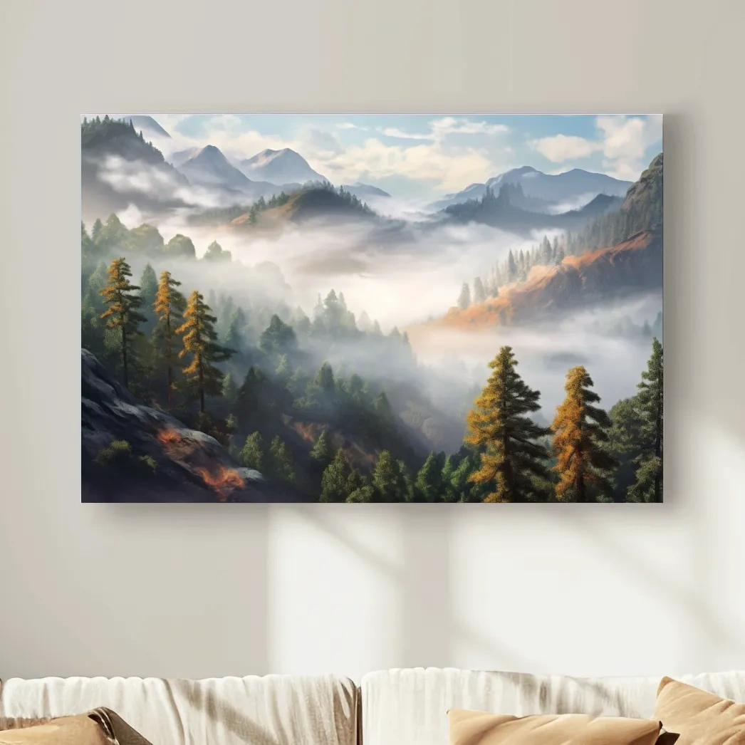 Painting of fog rolling through the trees and mountains