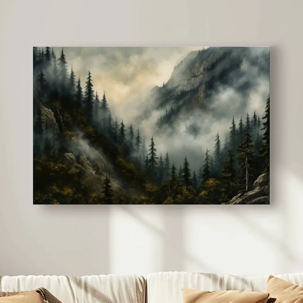 Painting of fog rolling through the trees and mountains, foggy forest artwork