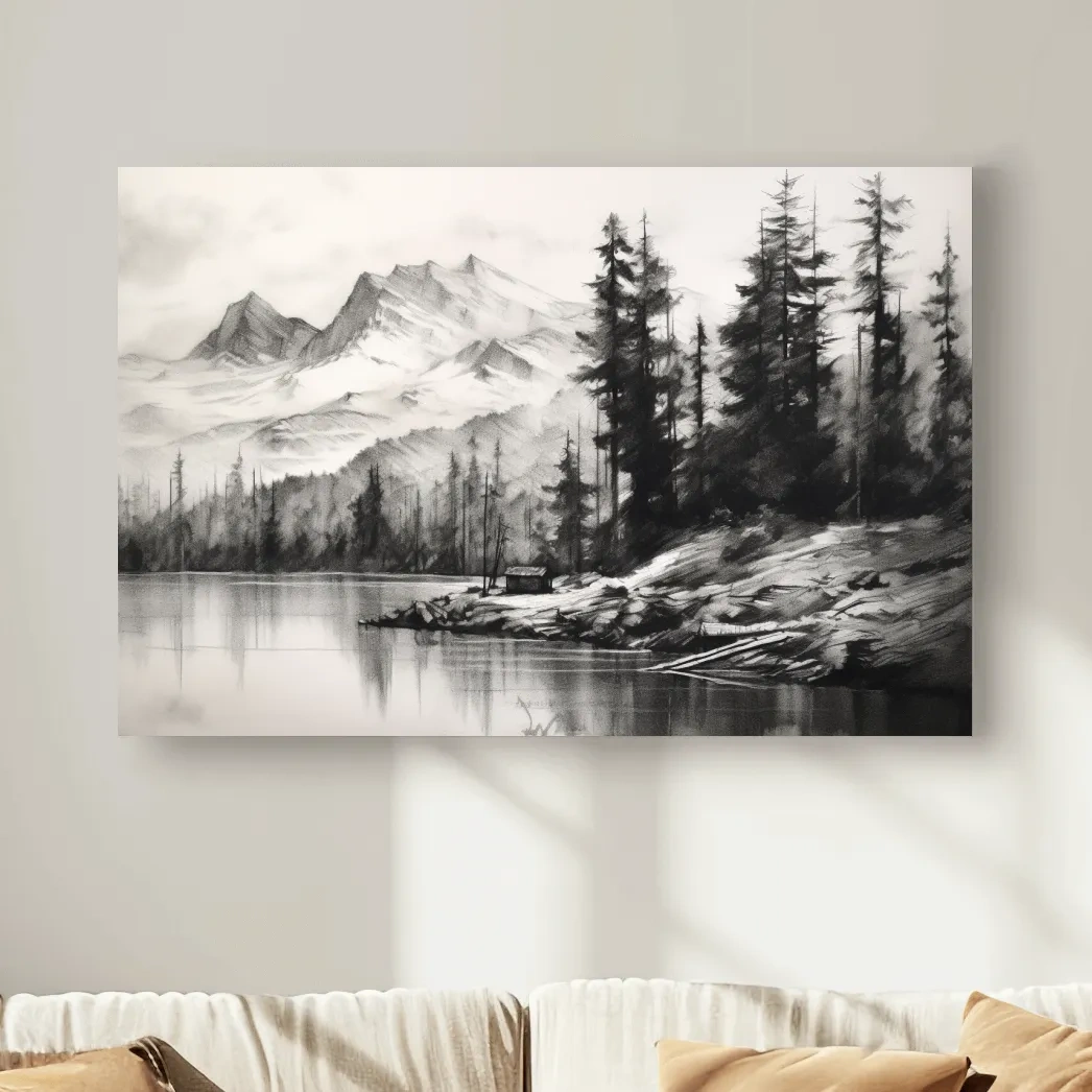 Monochrome Mountain Lake Charcoal Sketch - Pine Forest Landscape Wall Art