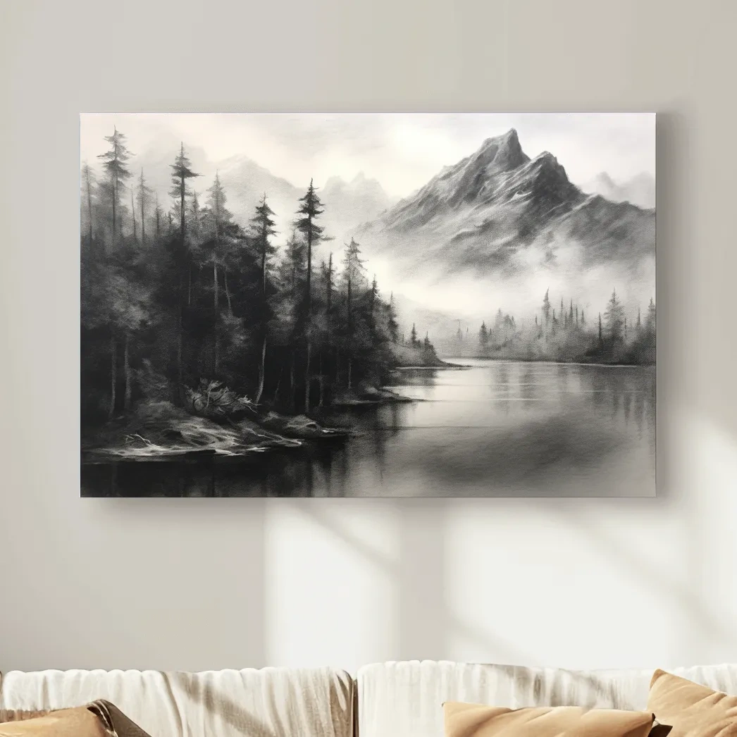 Charcoal drawing of mountains and a lake