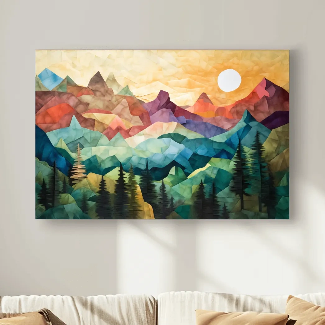 Abstract Sunset Mountain Canvas - Vibrant Patchwork Mosaic Art