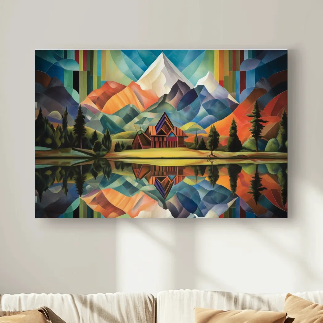 Abstract oil painting of a cabin by a lake, mountain scenery