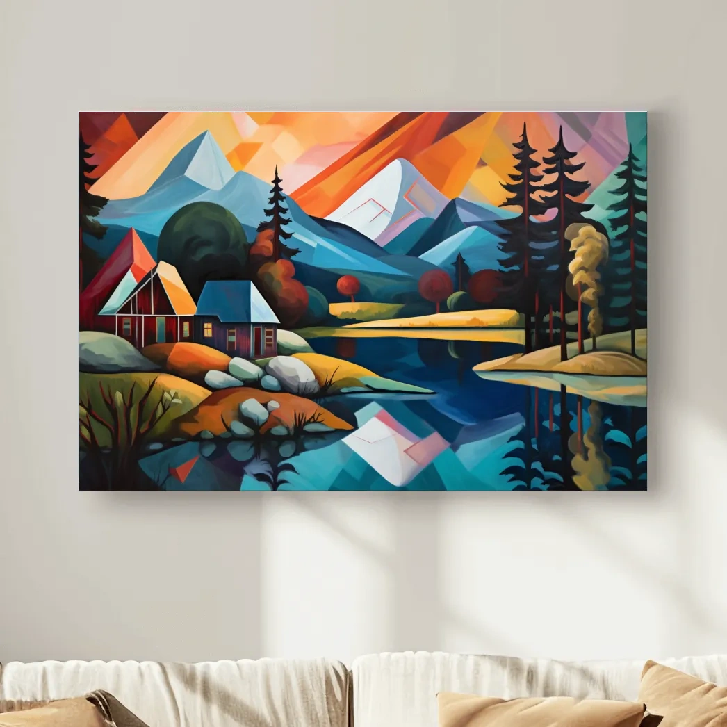 Abstract oil painting of a cabin by a lake, mountain scenery