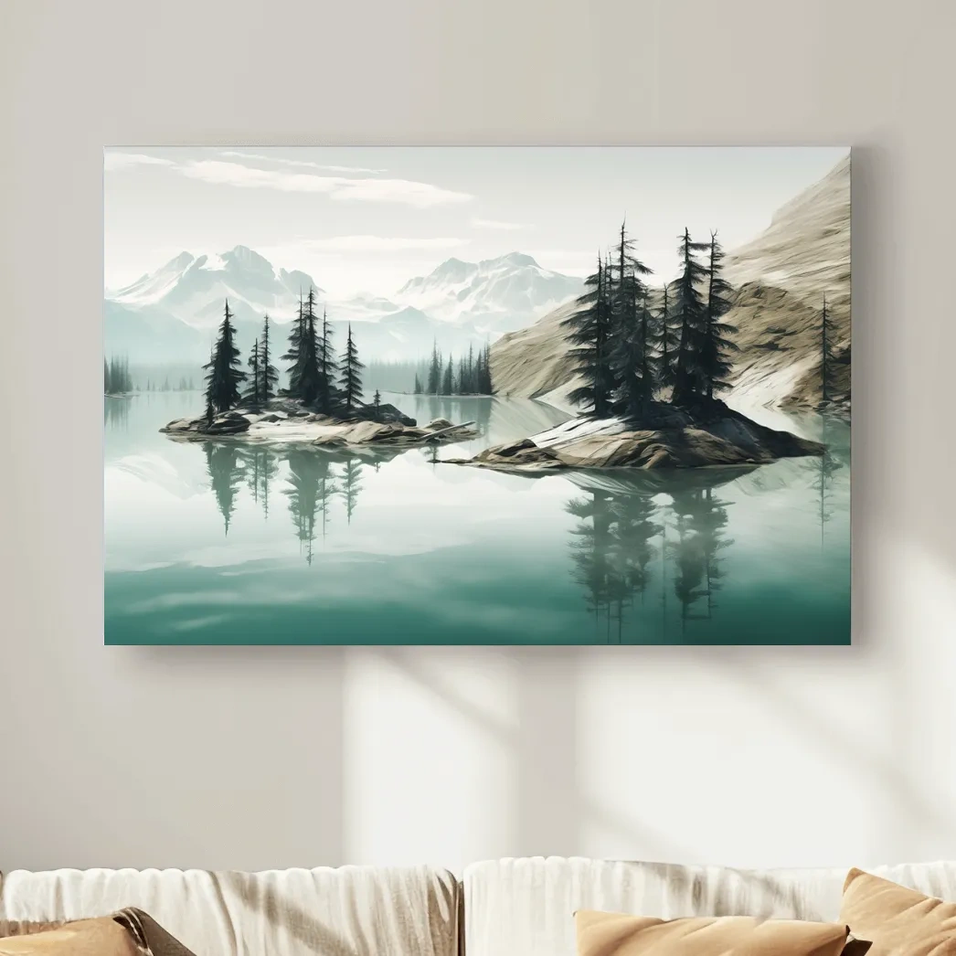 Painting of trees on an alpine lake
