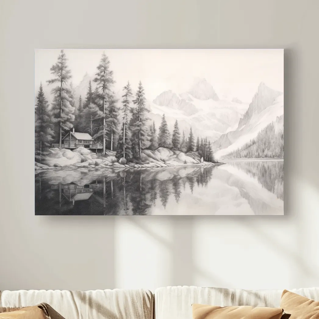 Lead pencil drawing of a cabin by a glacial lake