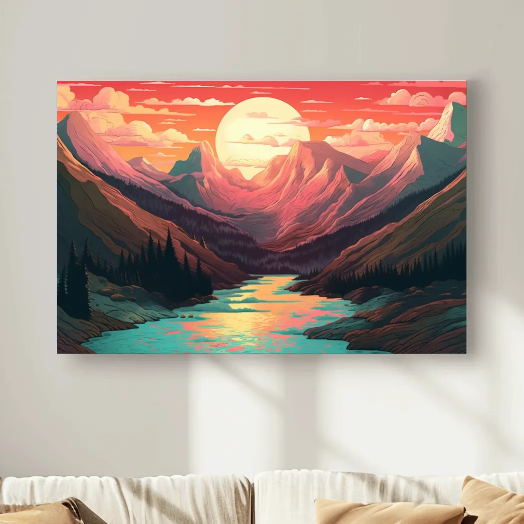 Vibrant Sunset Mountain Valley Illustration - Retro Landscape Wall Art