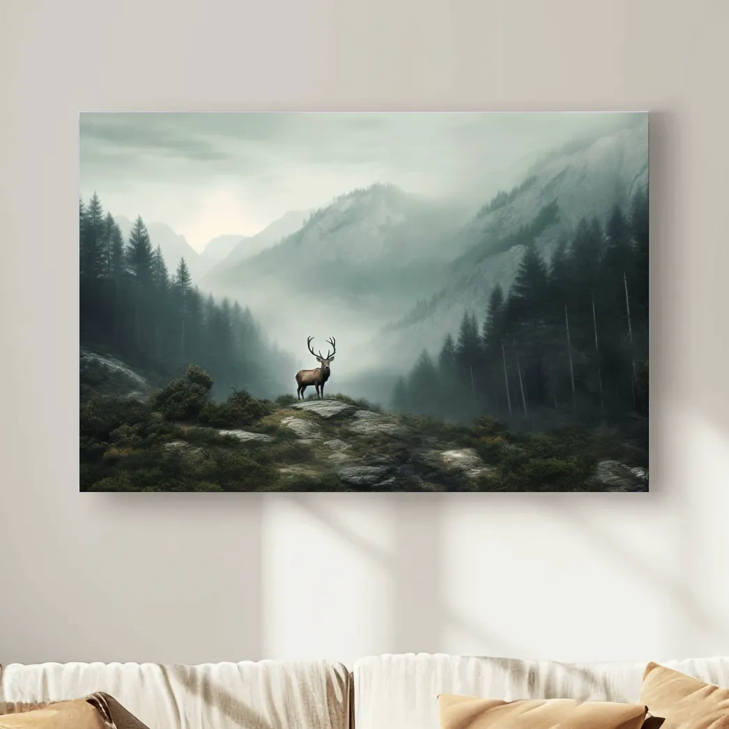 Painting style artwork of a majestic deer standing in the fog