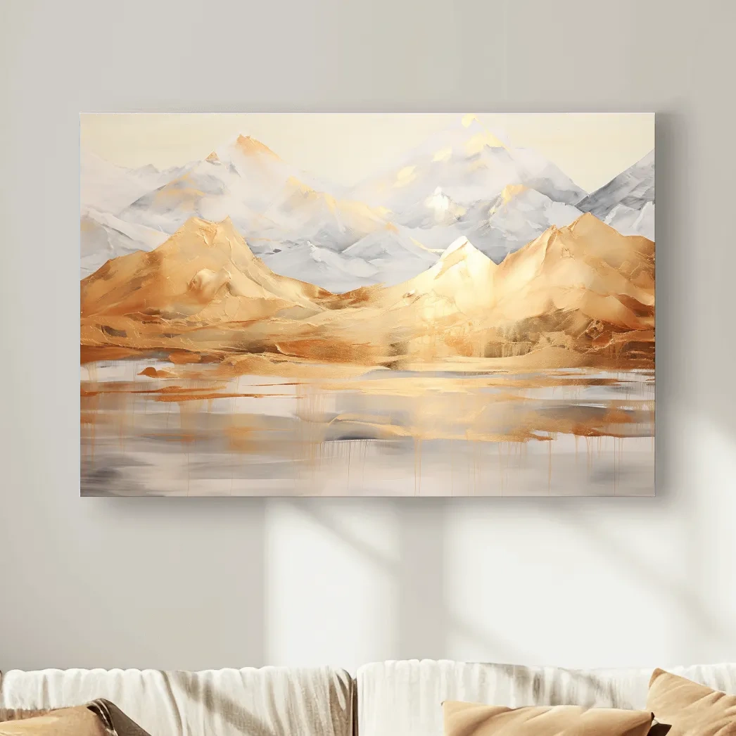 Luxe Golden Abstract Mountain Lake Painting - Elegant Landscape Wall Art
