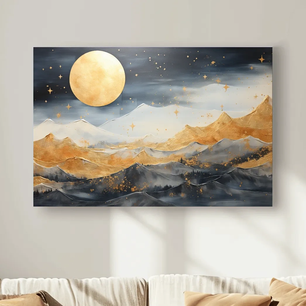 Elegant gold painting of mountains under the stars