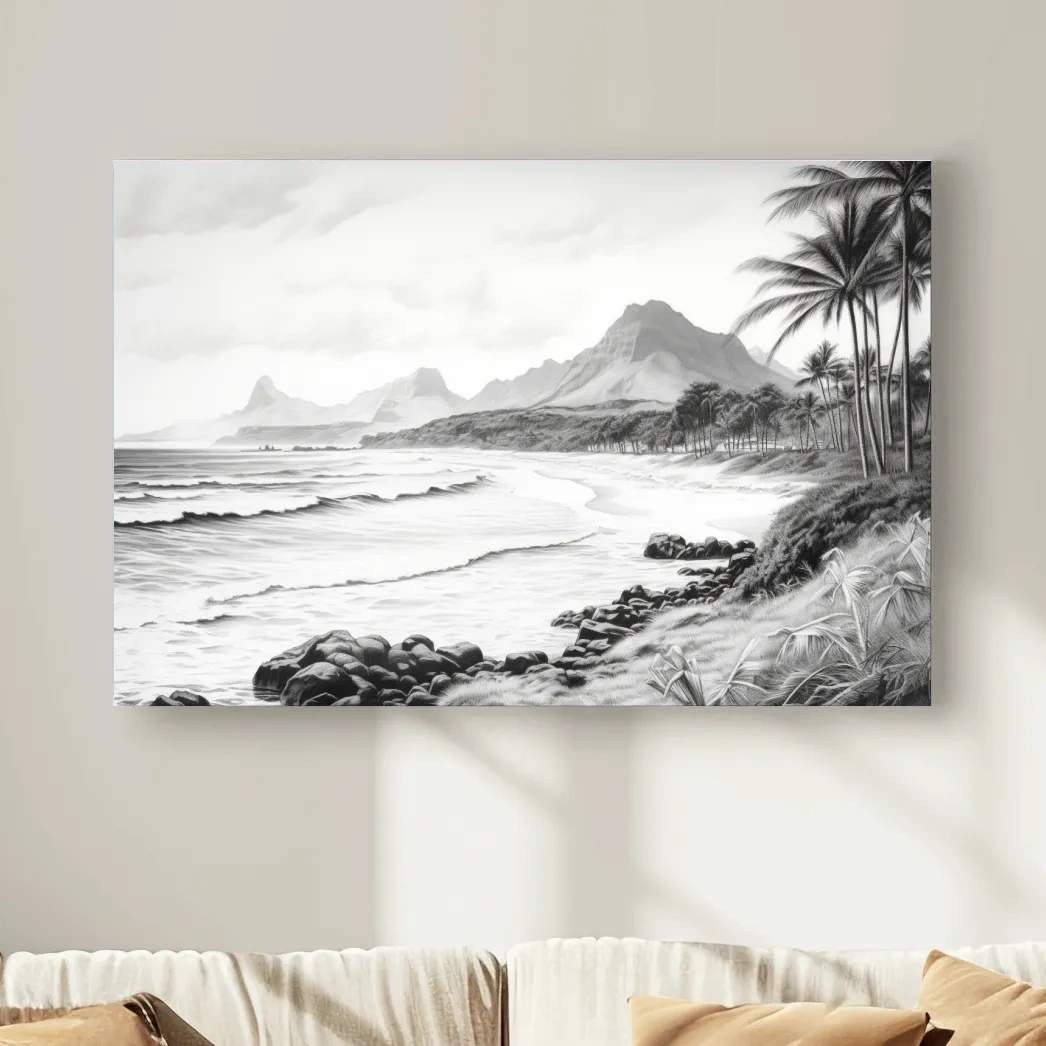 Black and white drawing of a tropical beach mountain scene