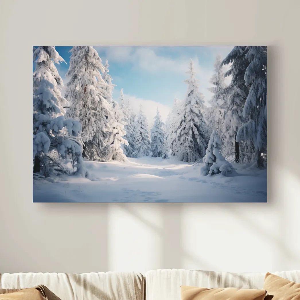 Photographic art, snow covered hemlock trees