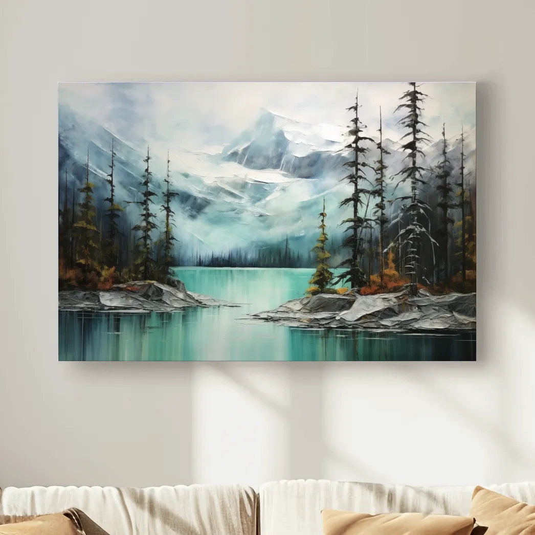 Painting of a turquoise lake in the alpine