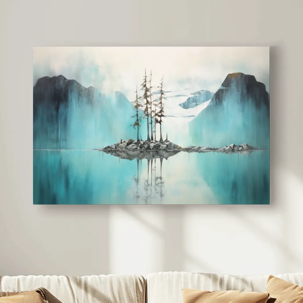 Trees on a turquoise lake, mountain painting
