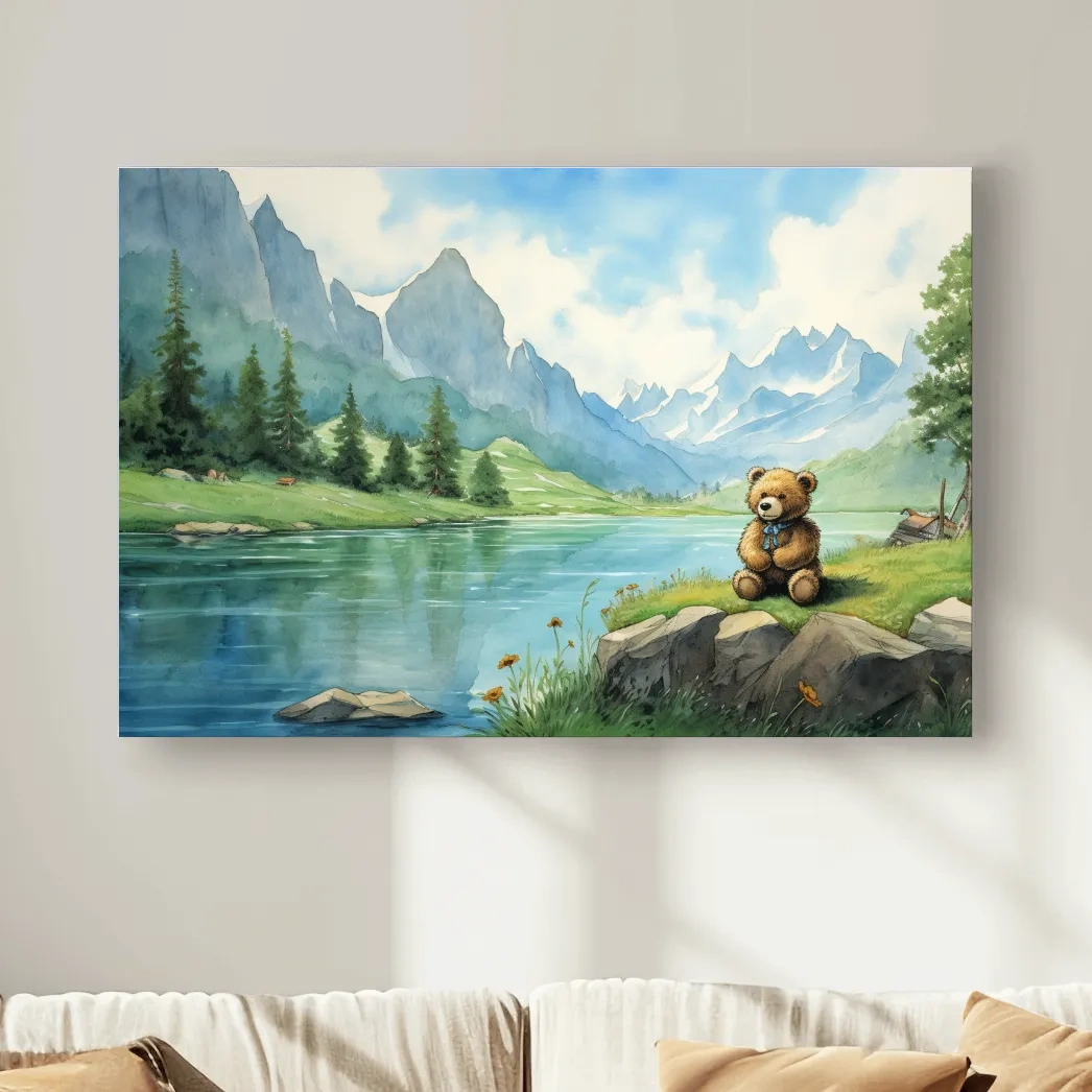 Childrens painting of teddy bear in the mountains