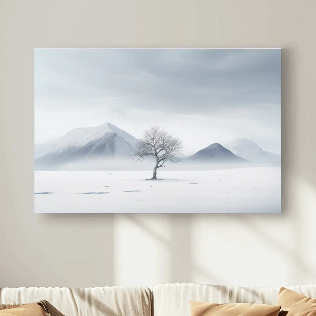 Minimal art, painting of a tree in the snow