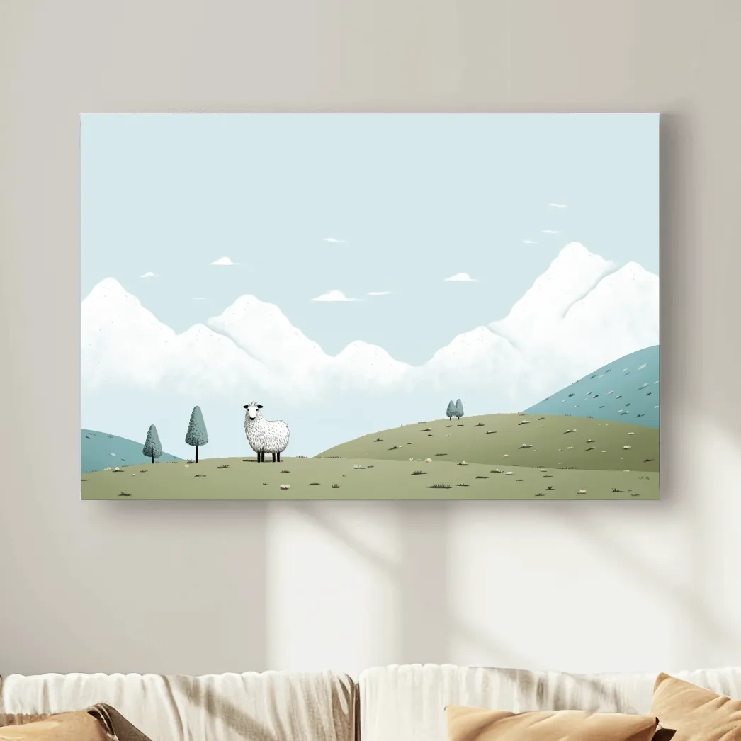 Illustration of a sheep in an alpine landscape