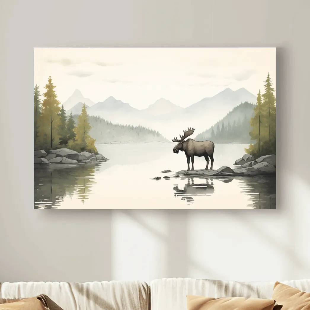 Childrens nursery illustration of a moose by a lake