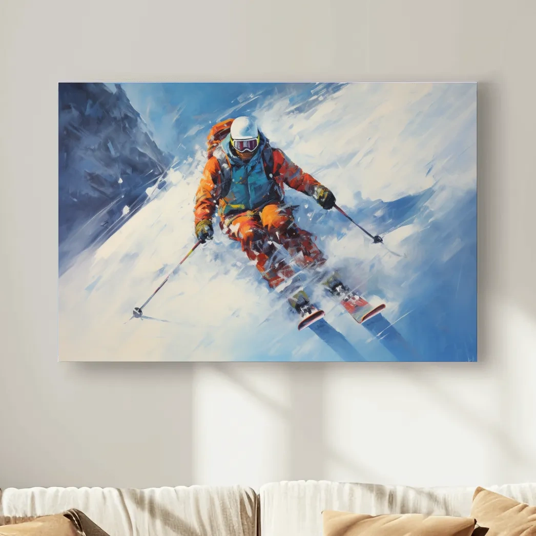 Dynamic Downhill Skier Painting - Snowy Alpine Adventure Wall Art