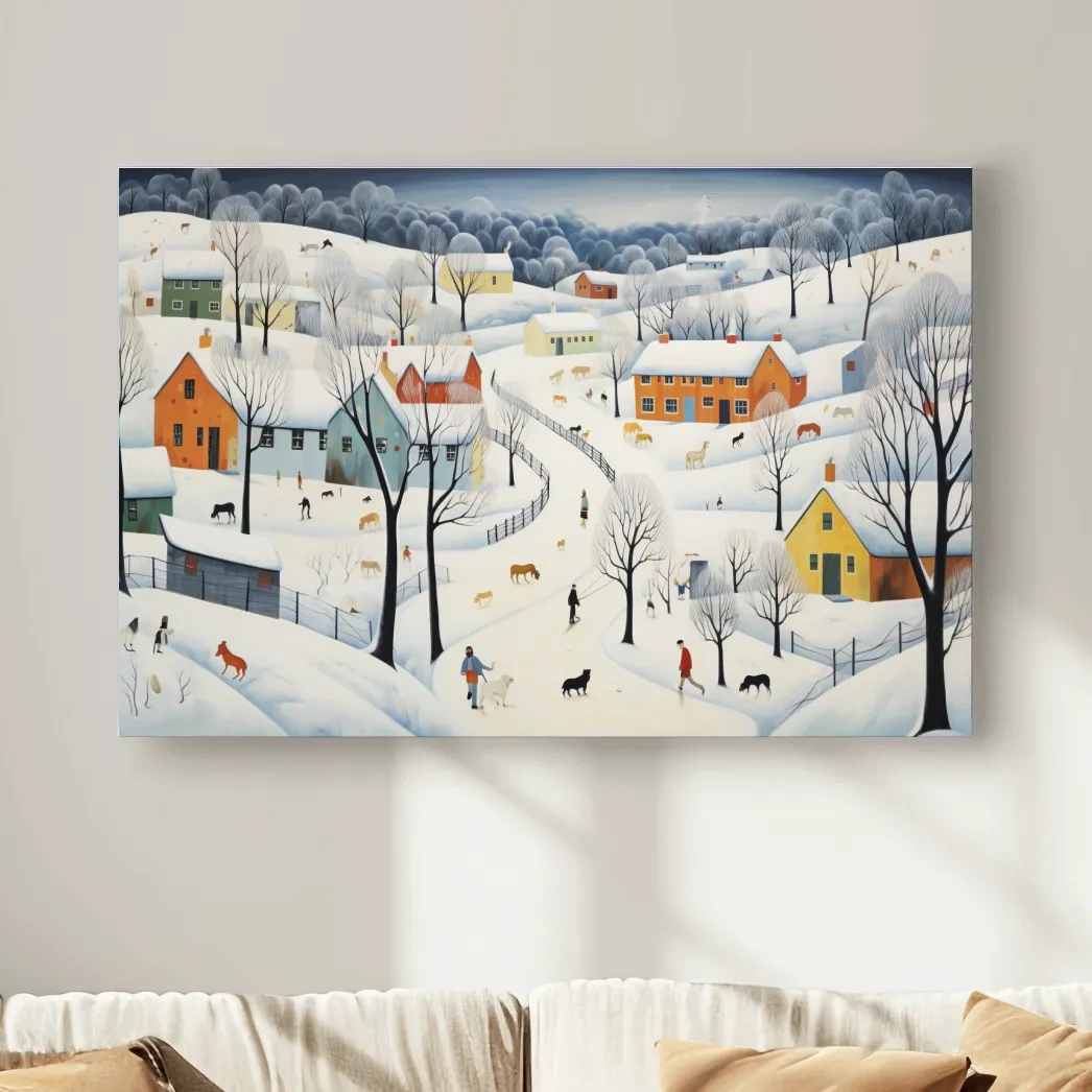Quirky painting of a mountain village in the snow