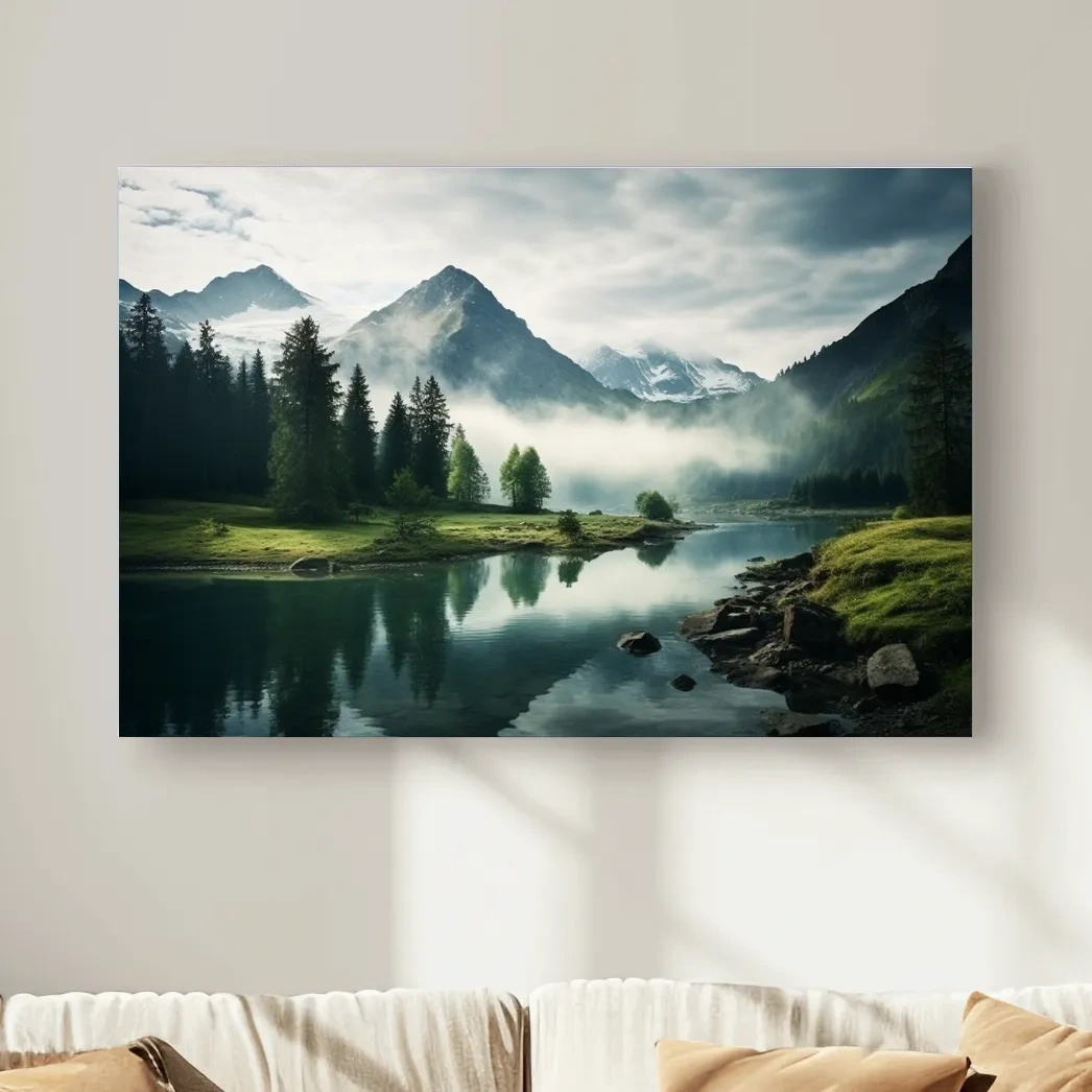 Misty Alpine Lake Reflection Landscape - Mountain Forest Photographic Wall Art